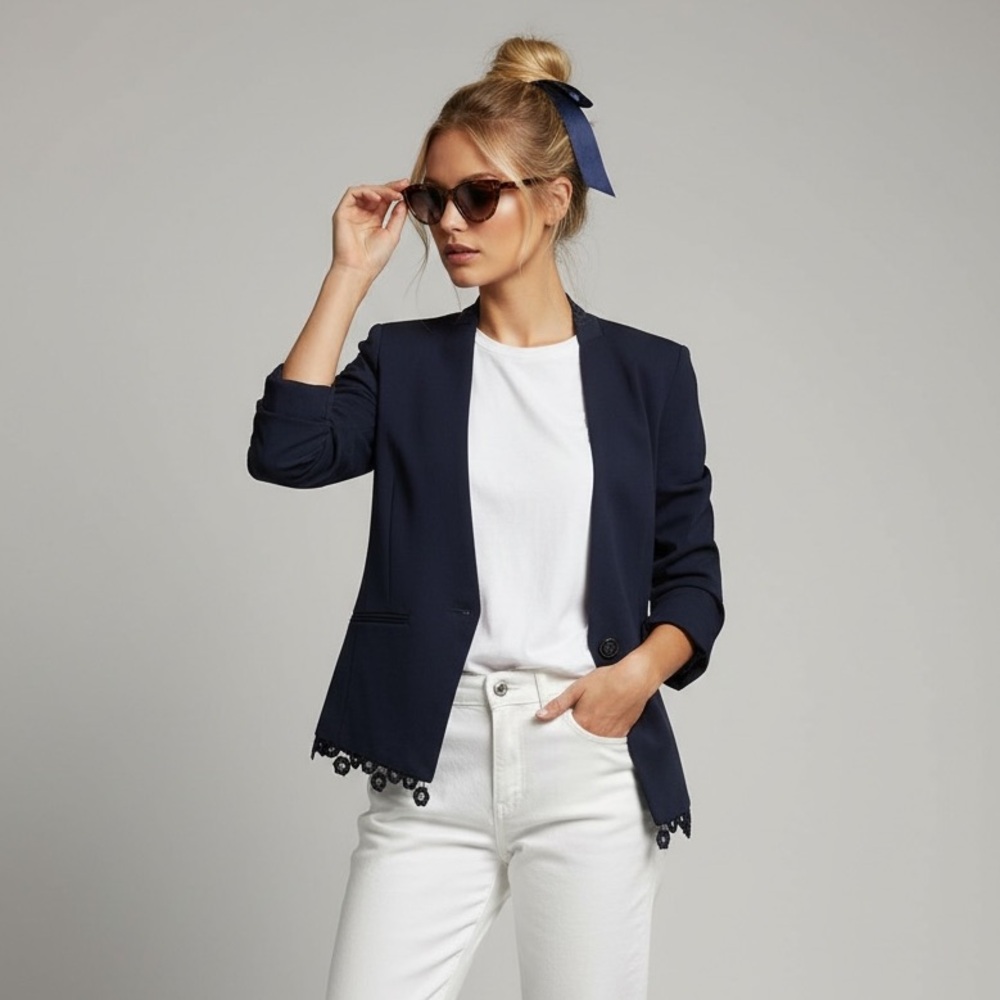 Tommy‎ Hilfiger Blazer Jacket Lace Trim Single Button Navy Blue Size 10